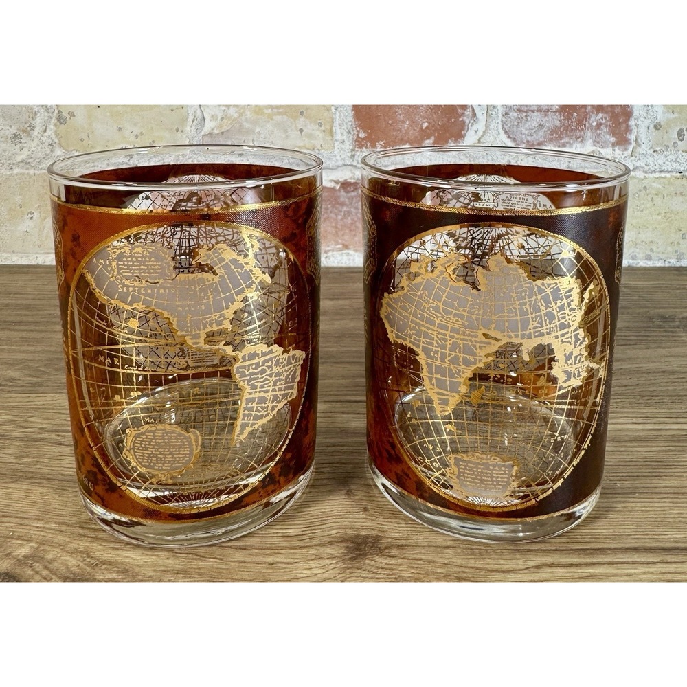 Vintage 22K Gold Culver Terrarum Orbis Geographica 2 Glasses Celestial Old World - Picture 4 of 10